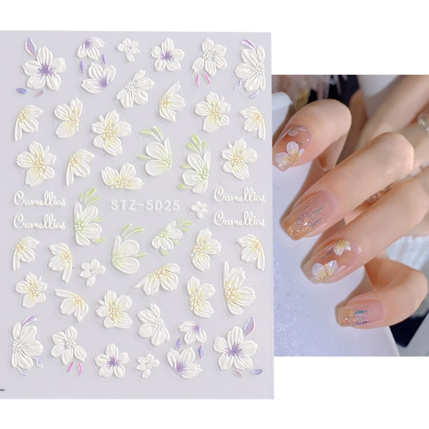 ZZIYEETTM 5D Embossed Spring Flower Nail Art Stickers Decals 6 Sheets Engraved Butterfly French Tips Nail Designs Adhesive Nail Stickers for Women