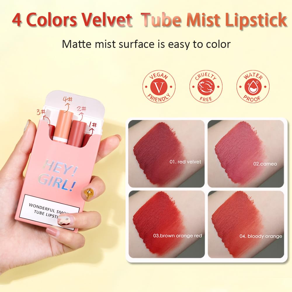 Charm Kiss 4Pcs Matte Cigarette Lipstick Set,Moisturizer Smooth Lip Stick,Tube Cigarette Lipstick,Velvet Long Lasting Waterproof Matte Lipstick Tube Sexy Nude Red Lips Tint Makeup Lipstick