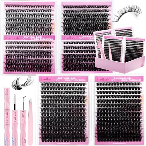 FADLASH Lash Clusters Kit Natural D Curl Eyelash Cluster Volume Lashes Extensions with Lash Bond and Seal Lash Tweezers for Beginners (30D+40D+50D+60D+80D+100D)