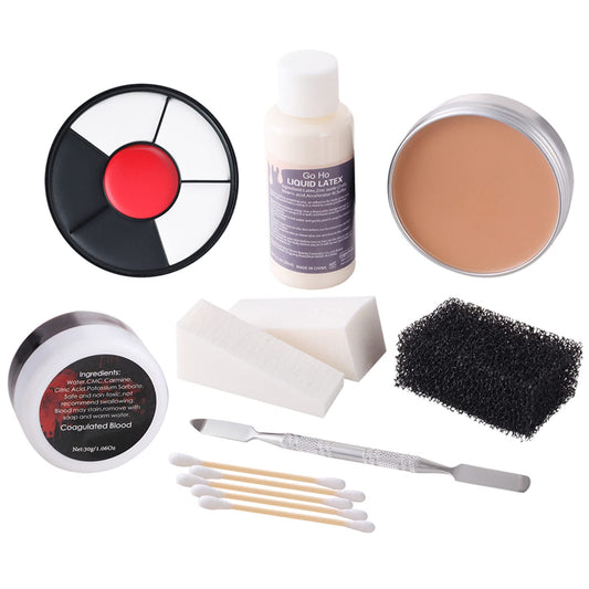 Go Ho Liquid Latex and Scar Wax Kit for Halloween SFX Makeup,White Black Red Color Wheel for Clown Zombie Face Body Paint,Coagulated Blood Gel and Spatula Sponges