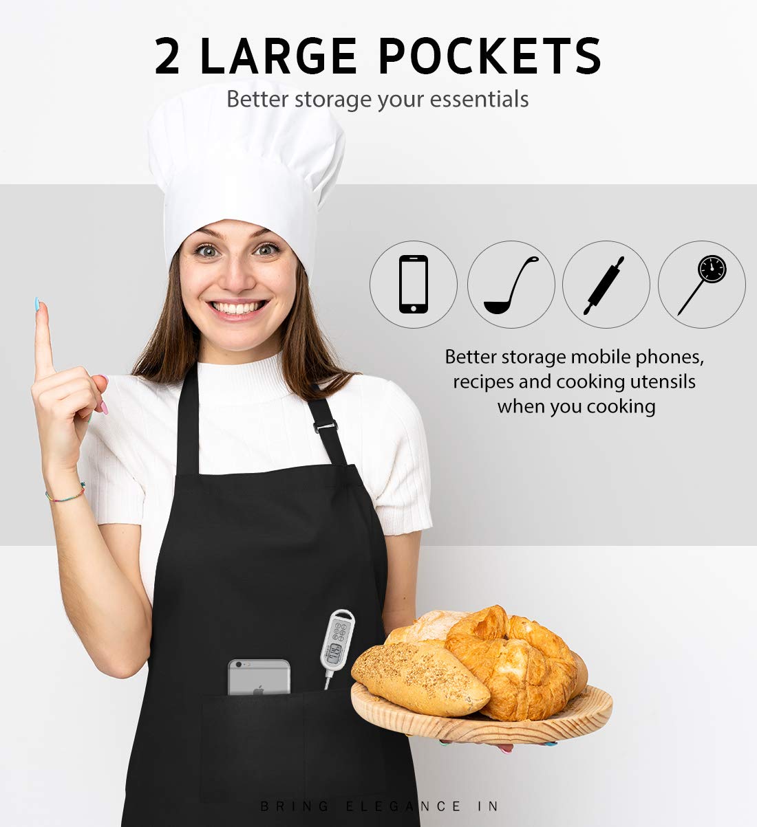 Syntus 2 Pack Adjustable Bib Apron Thicker Version Waterdrop Resistant with 2 Pockets Cooking Kitchen Aprons for Women Men Chef, Black