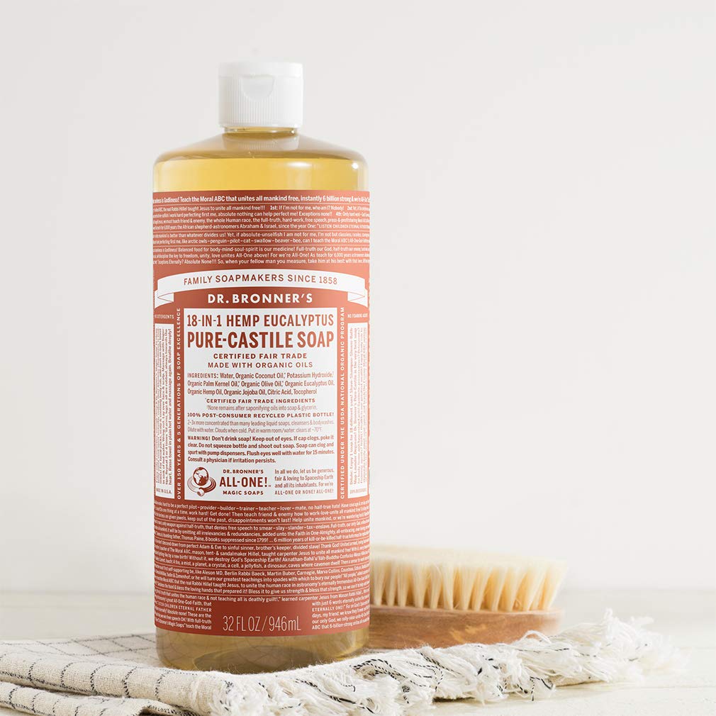 Dr. Bronner's - Pure-Castile Liquid Soap (Eucalyptus, 32 ounce) - Made with Organic Oils, 18-in-1 Uses: Face, Body, Hair, Laundry, Pets & Dishes, Concentrated, Vegan, Non-GMO