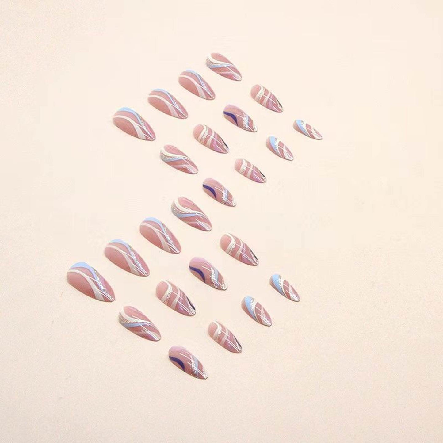 Press on nails short medium blue swirl false nails short almond acrylic nails women girls 24 Pcs