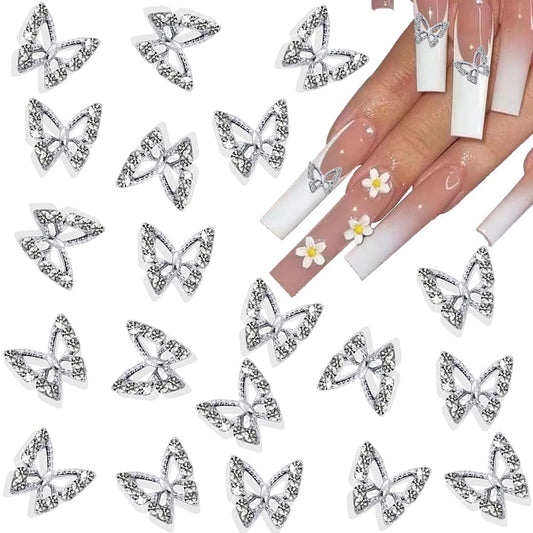 20Pcs Butterfly Nail Charms - 3D Nail Charms Y2K Silver Alloy Nail Rhinestones for Acrylic Nails Shiny Nail Crystals Nail Gems Nail Jewels for Nail Art DIY Nail Decorations (Silver Butterfly)