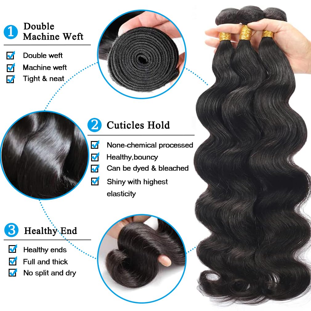 Cirvty 12A Human Hair Bundles Brazilian Body Wave Hair Bundles 20 22 24 Inch 100% Unprocessed Virgin Weave 3 Bundles Human Hair Body Wave Deals Natural Black