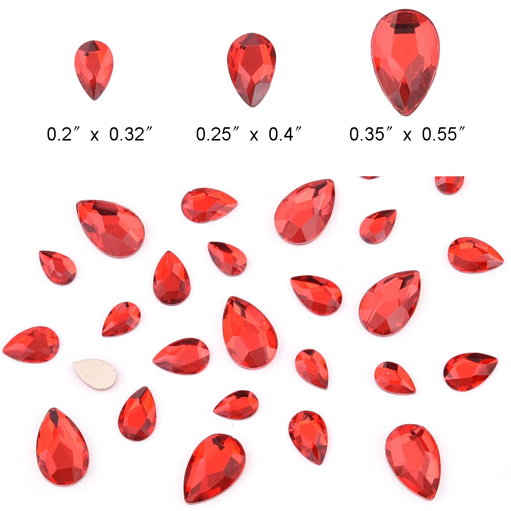 Tisslan 100pcs Red Crystals Pear Shapes 3 Size Flatback Glass Rhinestones for Crafts DIY Jewelry Making Beading Shoes Nails Art Supplies