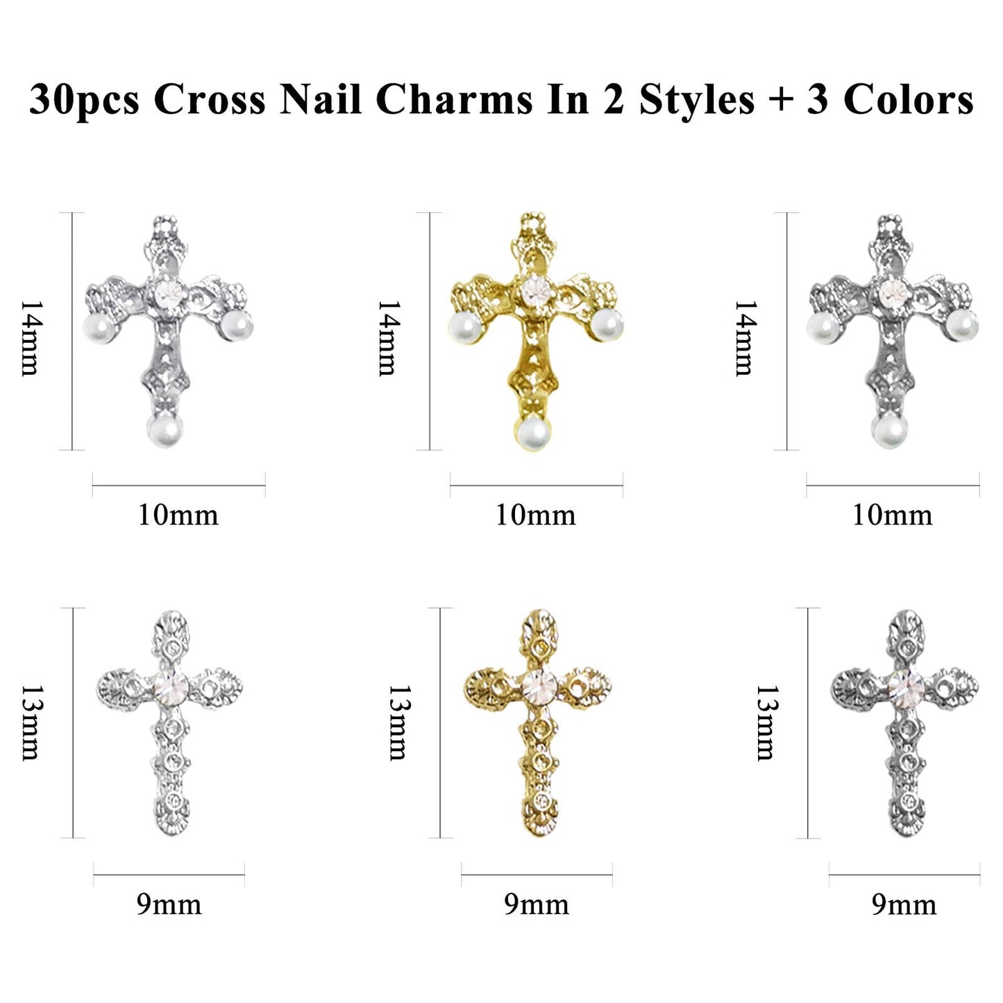 3D Cross Nail Charms, 30pcs Cross Nail Decorations for Nail Art, Pearl Gems Diamond Nail Decor, Metal Alloy Crystal Rhinestones Nail Studs for Women Girl DIY Jewelry Cellphone Crafts (Gold+Silver)