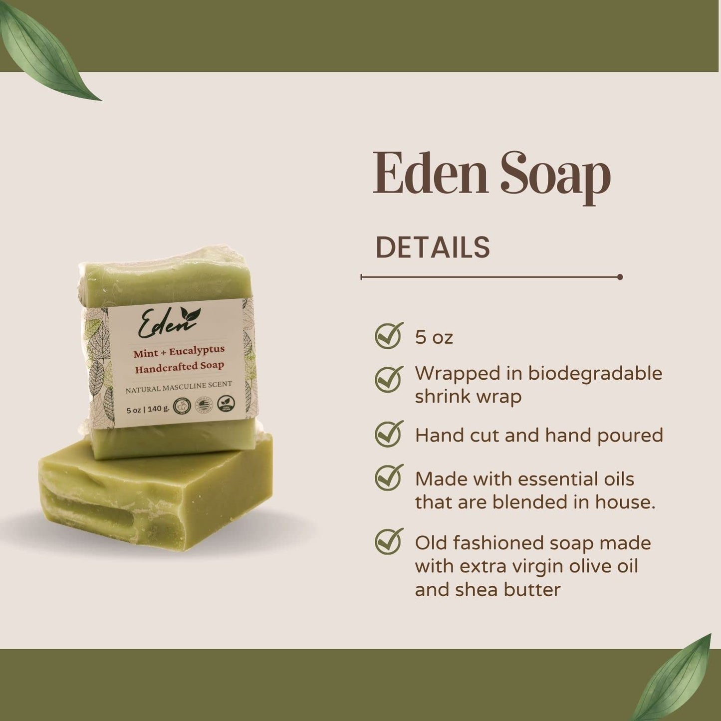 EDEN Daily Essentials - Natural Handmade Soap Bar - Olive Oil Soap Scented with Pure Essential Oils - 5oz