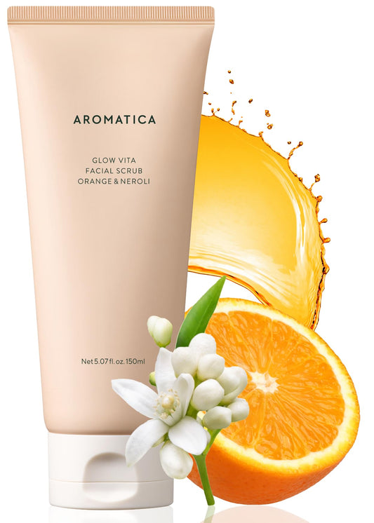 AROMATICA Glow Vita Facial Scrub Orange & Neroli 150ml – Deep Cleansing Facial Clay Mask For Double Cleanser - Gently Scrub and Cleans Skin Residue for a Fresh Glow