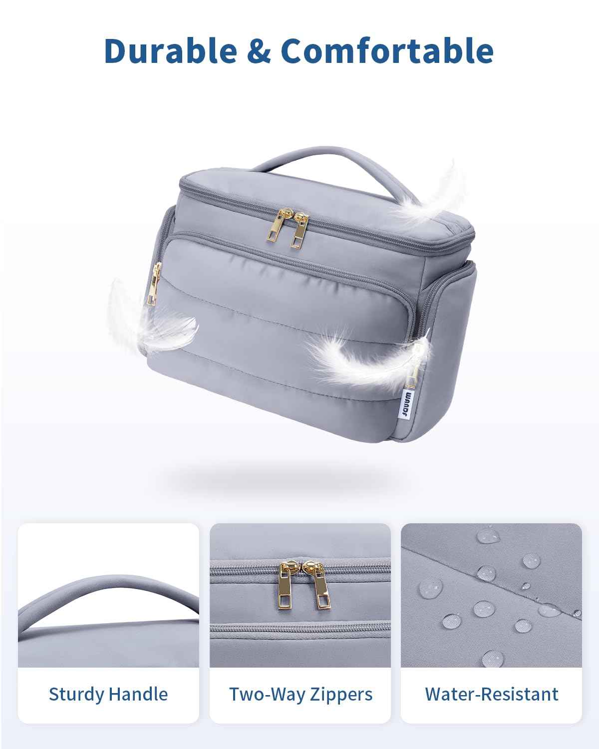 WANDF Travel Toiletry Bag for Women, Wide-open Large Makeup Bag with Handle, Puffy Makeup Organizer for Toiletries, Cosmetics, Accessories, Essentials (Slate Blue)