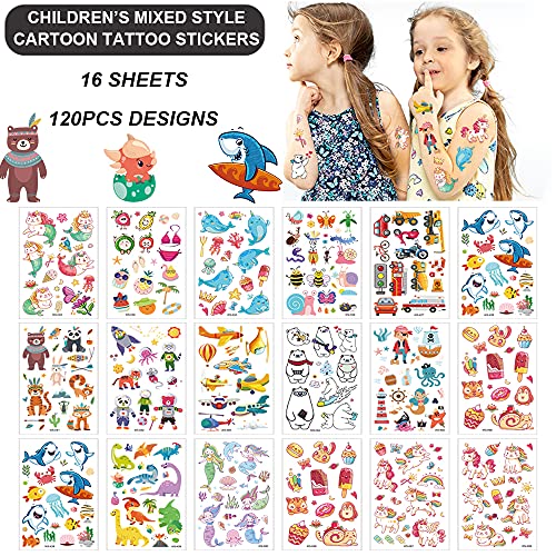 120Pcs Temporary Tattoos, Mixed Styles Cute Cartoon Waterproof Body Art Fake Tattoo Stickers Decorations, Butterfly Dinosaur Pirate Mermaid Birthday Party Favor Supplies