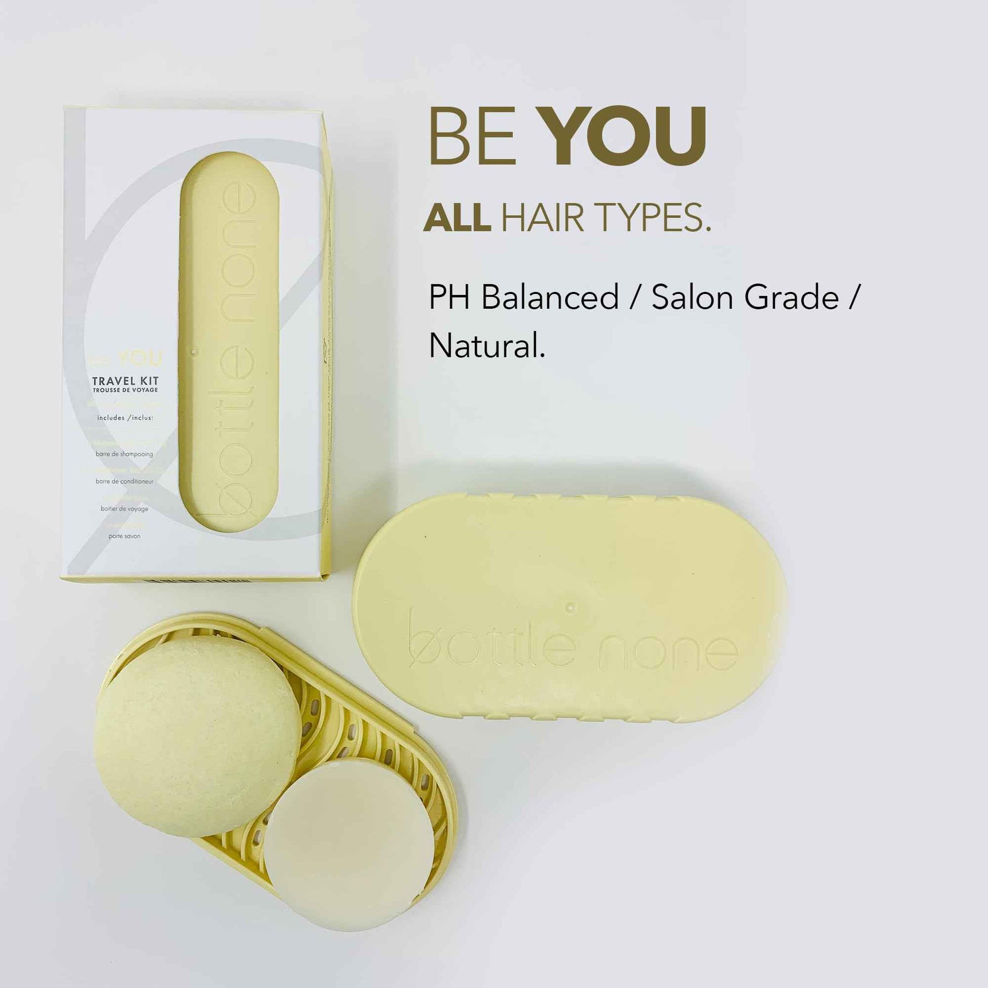 BOTTLE NONE | be YOU Travel Set Includes be You Shampoo and Conditioner Bars for All Hair Types with Travel Soap Dish | PH Balanced/Salon Grade/Natural | 50+ Washes