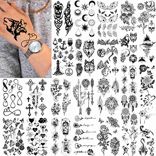 FANRUI 52 Sheets Creative Black Tiny Crown Infinity Triangle Fake Tattoos For Men Women Realistic Stars Letters Tattoos For Kids Temporary Waterproof Arm Hand Face Finger Neck Tatoo Stickers