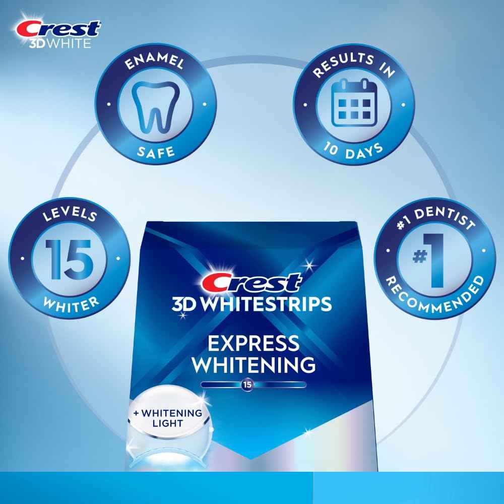 Crest 3D Whitestrips Express Whitening + LED Light – Teeth Whitening Kit, 1 Light + 10 Treatments, Each with 1 Upper/1Lower, 20 Strips – Crest 3DWhite Teeth Whitening Strips