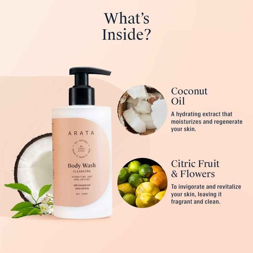 Arata Hydrating & Non-Drying Body Wash With Ayurvedic Coconut & Citrus | All Natural, Vegan & Cruelty-Free | Gentle Cleansing For Women & Men | No SLS, No Parabens - 10 Fl Oz