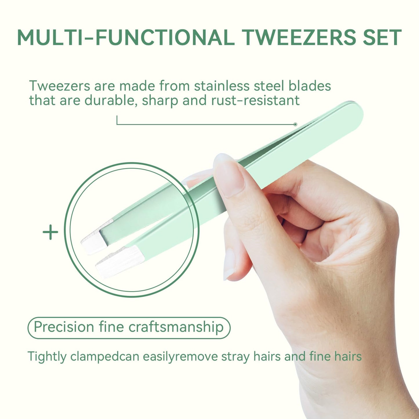 Tweezer Set, 6 Pcs Tweezers Set for Women, Precision Tweezer for Eyebrows with Curved Scissors, Eyebrow Grooming Kit for Ingrown Hair with Leather Case, Mint Green