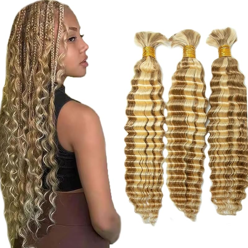FuivJuix P27/613 Blonde Human Hair Braiding Extensions - 20 Inch Deep Wave, 3 Bundles
