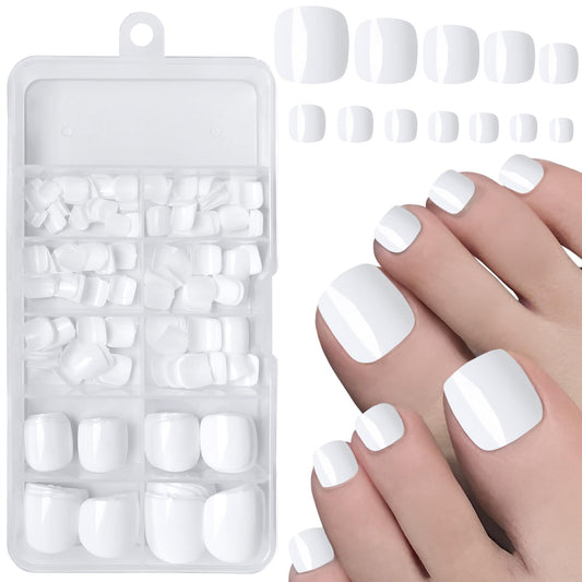 LuckForever Short Press on Toenails 240pc Glossy White Press on Toenails Short Square Fake Toe nails Full Cover 10 Nail Adhesive Tabs,Small Wooden Sticks & Nail Files False Toenails for Women