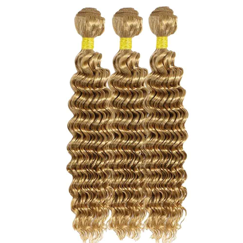 Honey Blonde Human Hair Bundles 16 18 20 Inch Deep Wave Bundles Human Hair Unprocessed Native Virgin Hair 100/PC 3 Extensions #27 Blonde Color Wet and Wavy Human Hair Extensions for Women