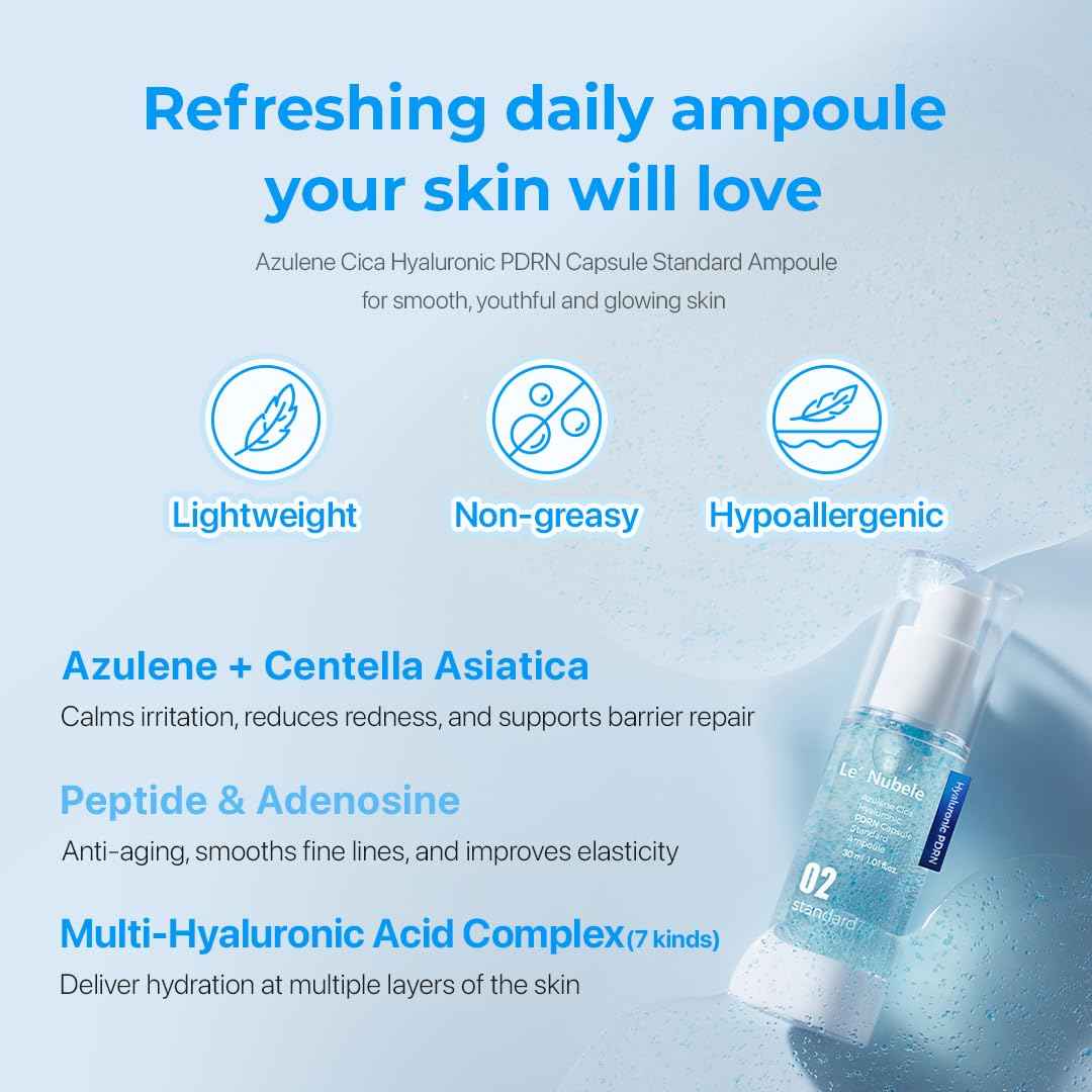 Le Nubele Azulene Cica Hyaluronic PDRN Capsule Standard Ampoule 02, Salmon DNA PDRN 3,000ppm, Peptide, Collagen Booster, Skin Rejuvenation, Hydrating, Acne Skin, Korean Skin Care 30ml/1.01 fl.oz.
