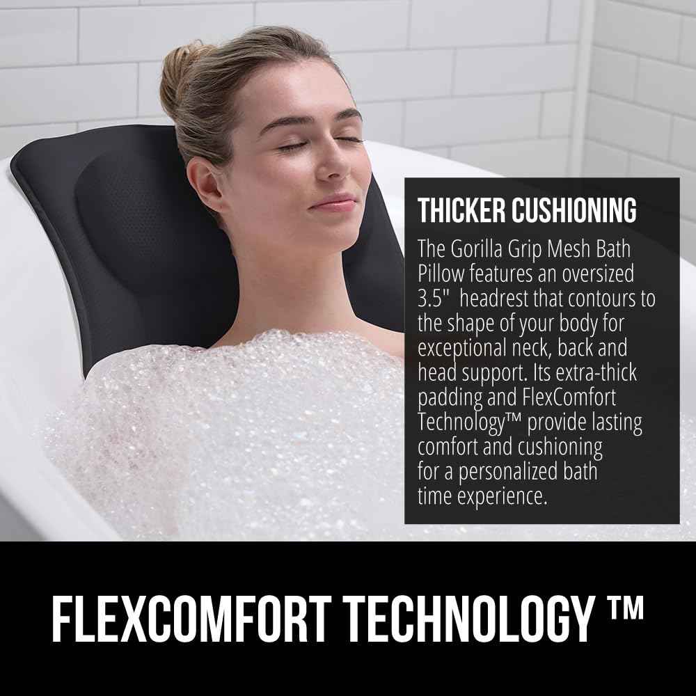 GORILLA GRIP Bath Pillow for Tub with Powerful Suction Cups, Headrest Pillows for Neck and Back Support, Machine Wash, Bathtub and Hot Tub Accessories, Relaxing Spa Gift Essentials for Women, Black