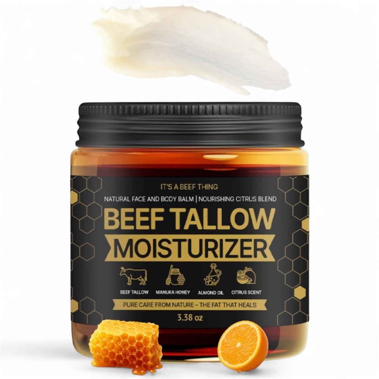 Beef Tallow for Skin – Face & Body Balm to Strengthen Skin Barrier, Hydrating & Soothing with Grass-Fed Beef Tallow, Manuka Honey, Almond Oil & Light Citrus Scent (3.38oz)