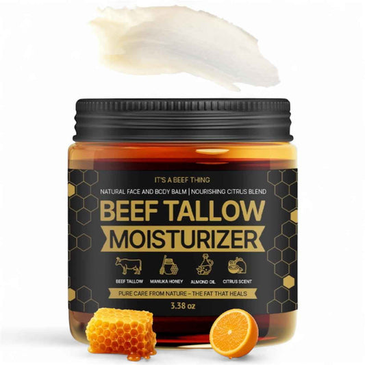 Beef Tallow for Skin – Face & Body Balm to Strengthen Skin Barrier, Hydrating & Soothing with Grass-Fed Beef Tallow, Manuka Honey, Almond Oil & Light Citrus Scent (3.38oz)