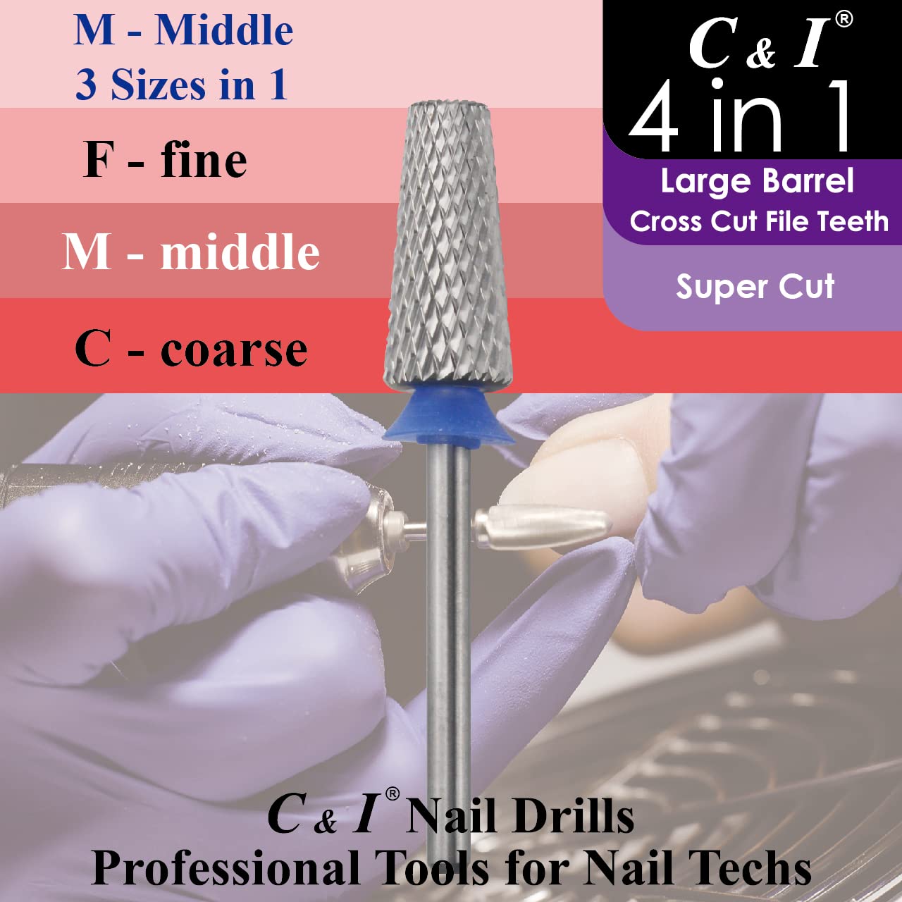 C & I Nail Drill Bit 4 in 1 Super Cut E-File, Multi-function plus Upgrade File-Teeth, Large Barrel & Cross Cut, for Manicure Drill Machine, Help Nail Tech to Remove Nail Works (Coarse-C)