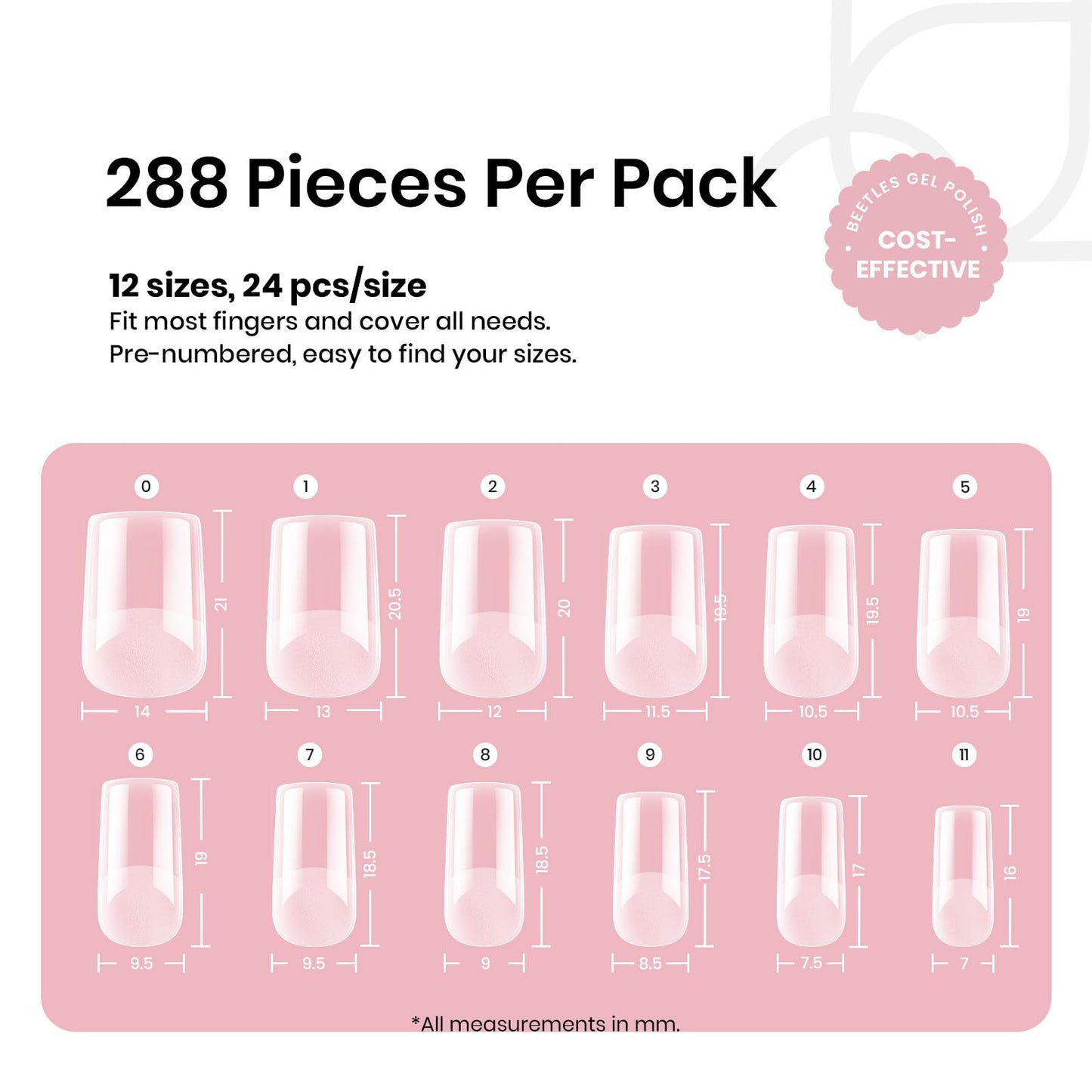 Beetles Short Square Gel Nail Tips 12 Sizes 288 PCS Half Matte Full Cover False Nails Clear Acrylic Nails Glue on Nails for Girls Women DIY Nail Extension