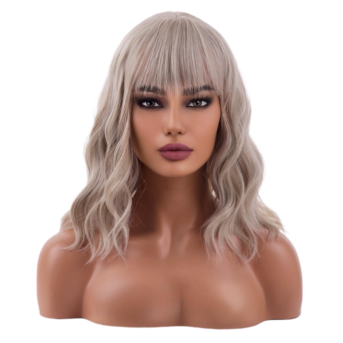 WTHCOS Brown Wig with Bangs Short Brown Wig for Women Black Mix Brown Wig Short Curly Wavy Brown Bob Wig Synthetic Wig for Daily Party Wig Cap Include