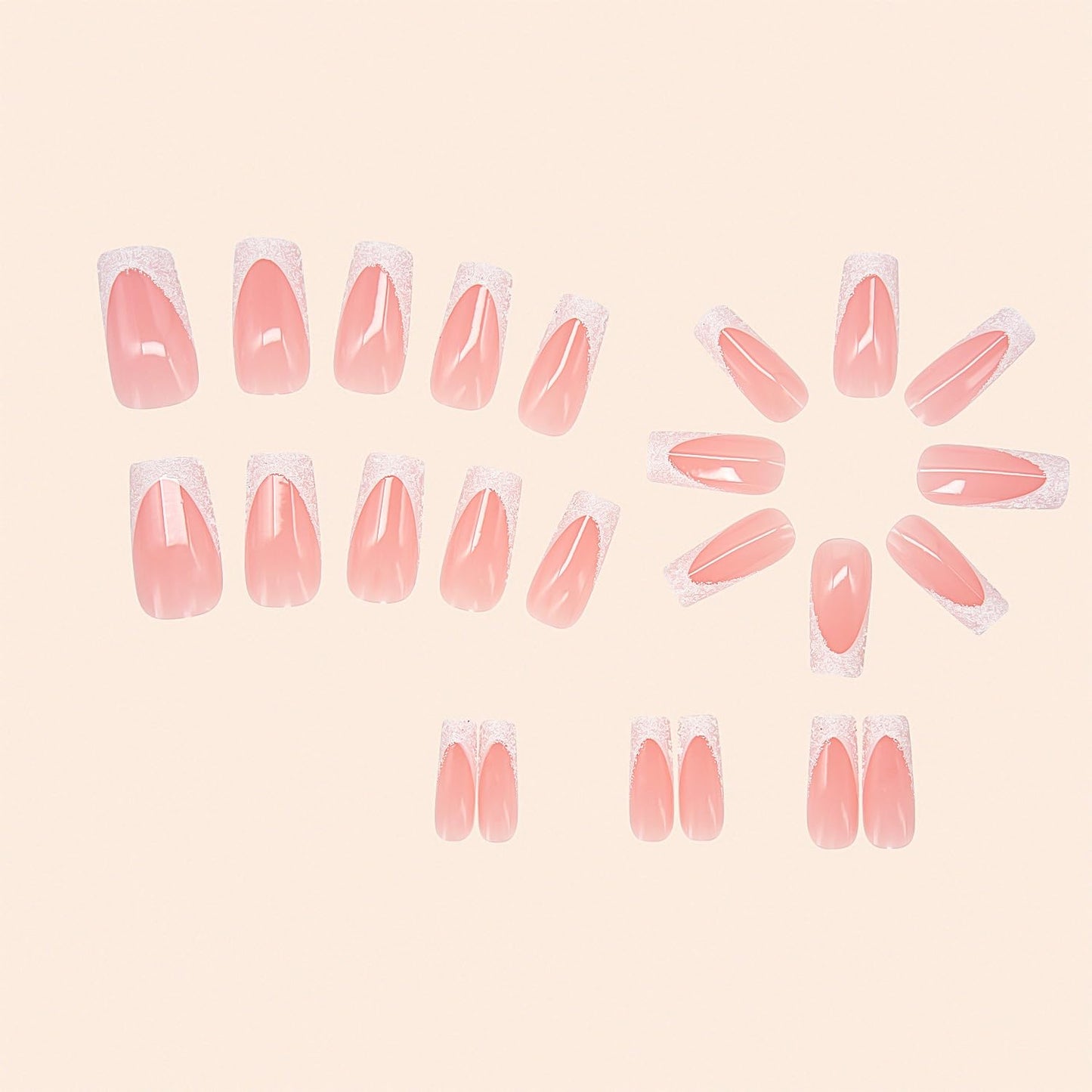 French Tip Fake Nails Medium Square Press on Nails Pink False Nails Glitter with Designs Acrylic Nails Glossy Full Cover Glue on Nails for Women Girls 24Pcs