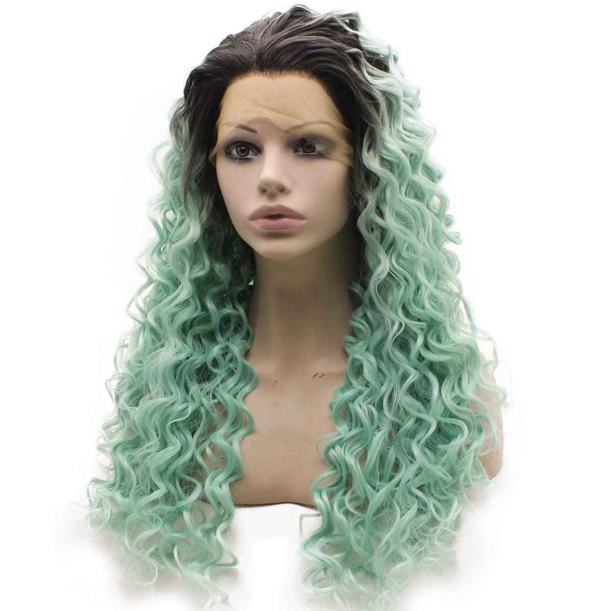 MX angel Long Curly Heat Resistant Synthetic Lace Front Wig (dark root blue)