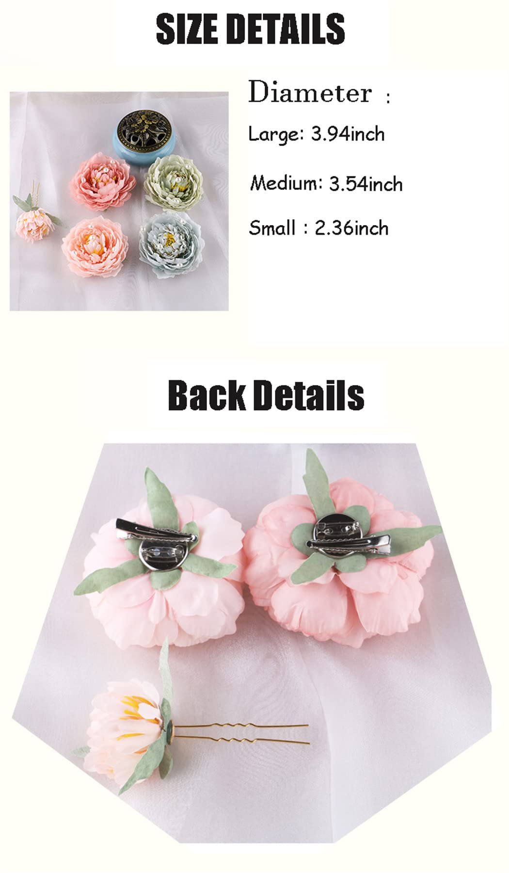 Peony Flower Hair Clip Hanfu Hairpin Bridesmaid Pin up Flower Brooch Party Wedding Decor (one size, Light Green-3Pcs)