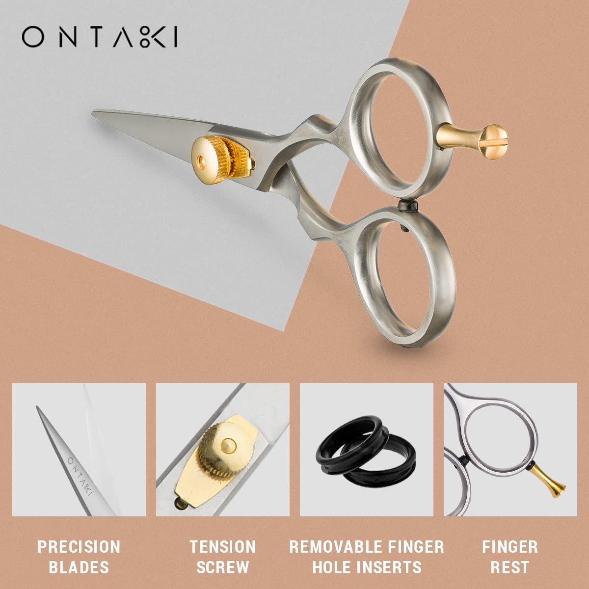 ONTAKI Premium Hand Forged Mustache Scissors 5.5" - Barber Salon Japanese Steel Scissors - Beard Mustache Hair Shears Bangs Haircuts - Beard Scissors for Men Hair Trimming Scissors - Rest Hook Silver