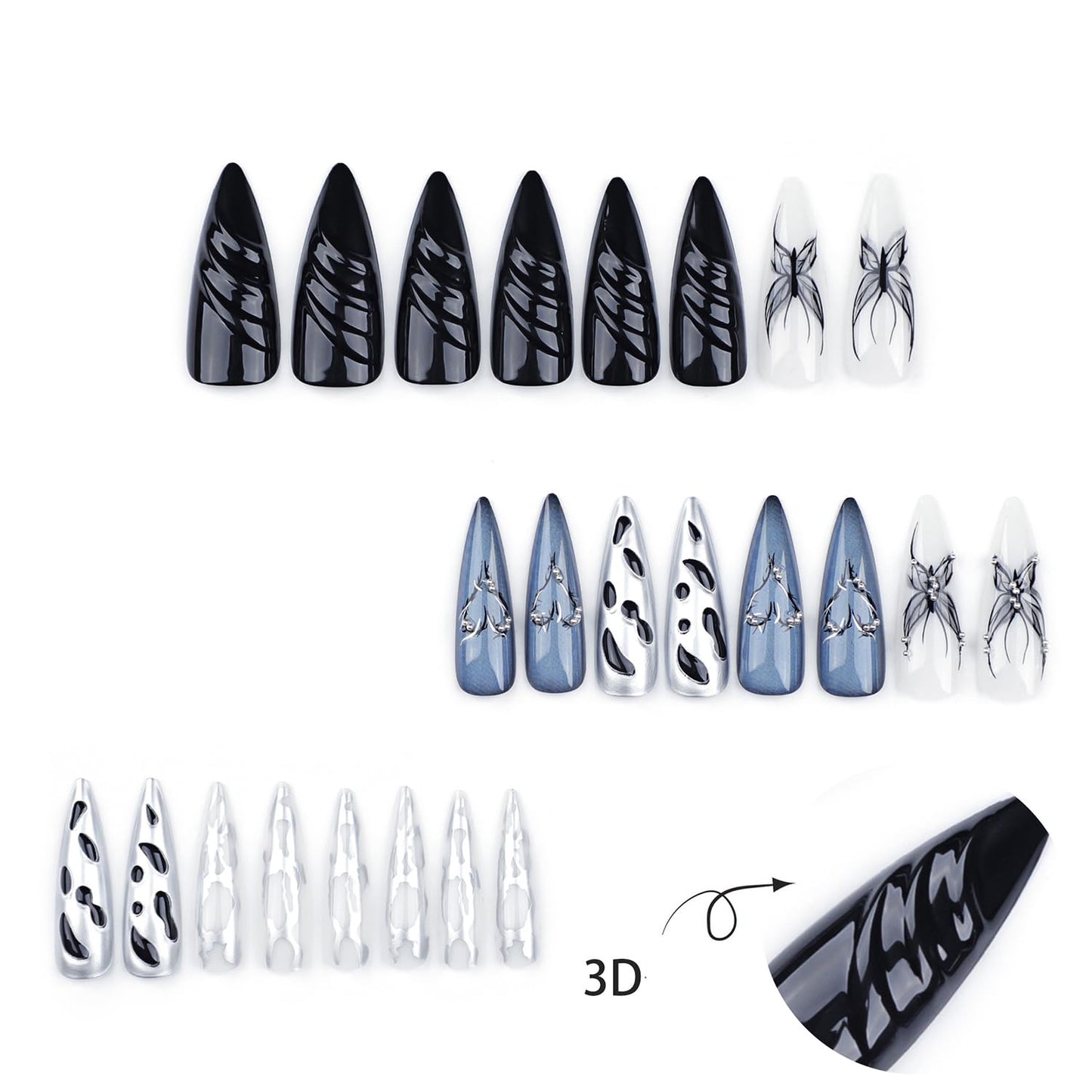 Metallic Press on Nails Long Stiletto Fake Nails Ombre Blue Butterfly False Nails with heart Designs Full Cover Dark Styles Acrylic Nails White Glossy Glue on Nails Artificial Nails for Women Girls