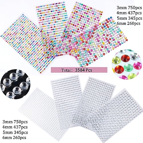 3584 PCS Self Adhesive White Pearl Clear Rhinestones Face Gems, Flat Back Bling Jewels Temporary Stickers for Makeup Face Eye Hair DIY, Rainbow&Transparent Rhinestones
