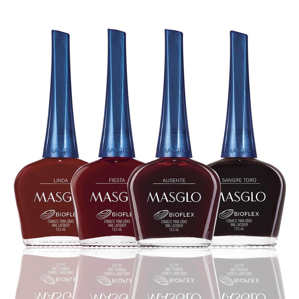 MASGLO Nail Polish Glamour Set 4 Pcs Favorite Shades of Red Color - Kit 4 Esmaltes Colores Rojos 0.5 Fl. Oz.