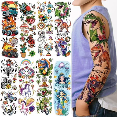 52 Pcs Temporary Tattoo for Kids Full Arm Mermaid Butterfly Cat Truck Dinosaur Rocket Planet Cute Animal Body Face Fake Arm Tattoos for Girls Boys Tiny Tattoo Stickers Birthday Gifts Party Supplies