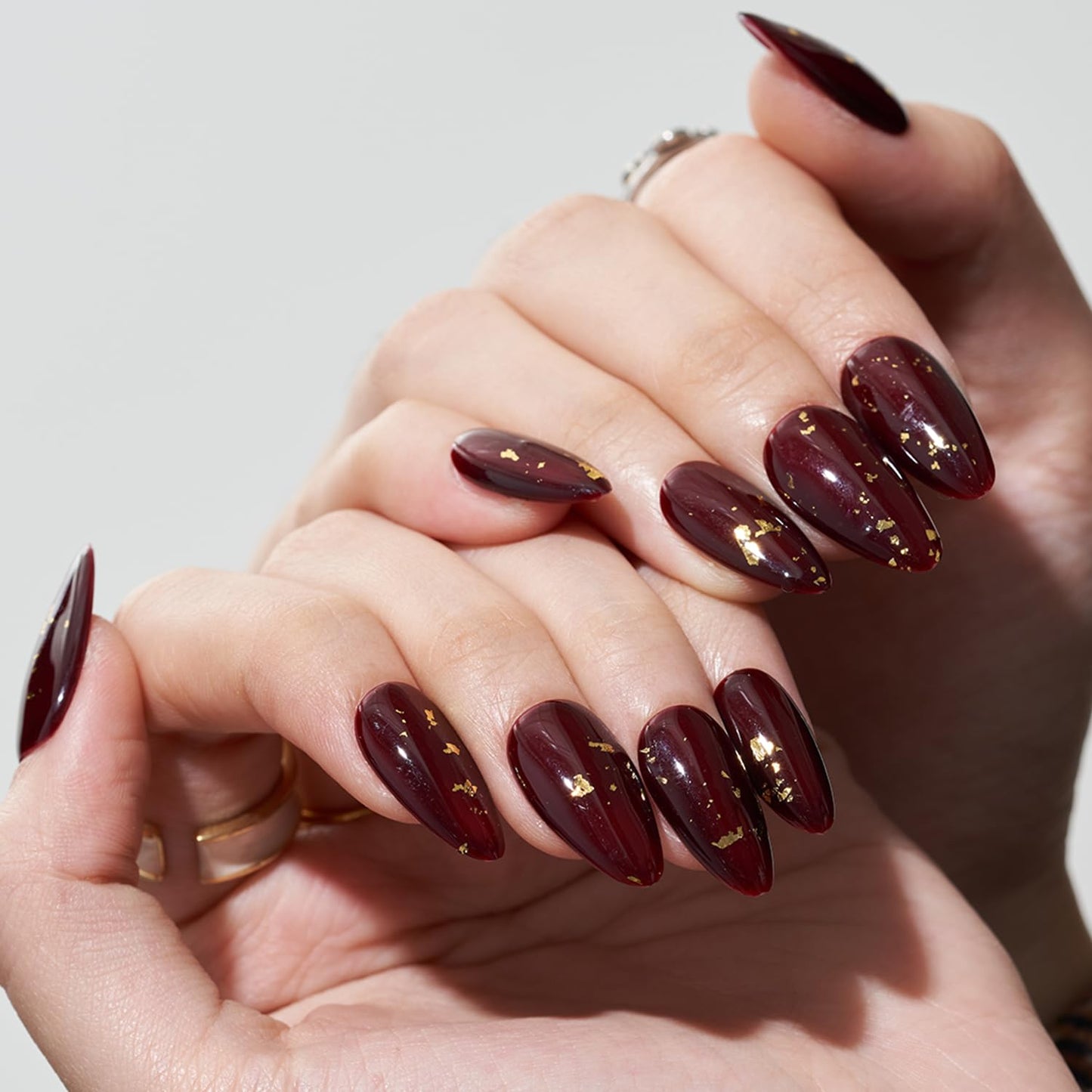 GLAMERMAID Burgundy Press on Nails Medium Almond- Handmade Jelly Gel Gold Foil Flakes Fake Nails Short, Deep Dark Red Stiletto Stick Glue on Nails Set, Glossy Reusable Acrylic False Nail Kit for Women