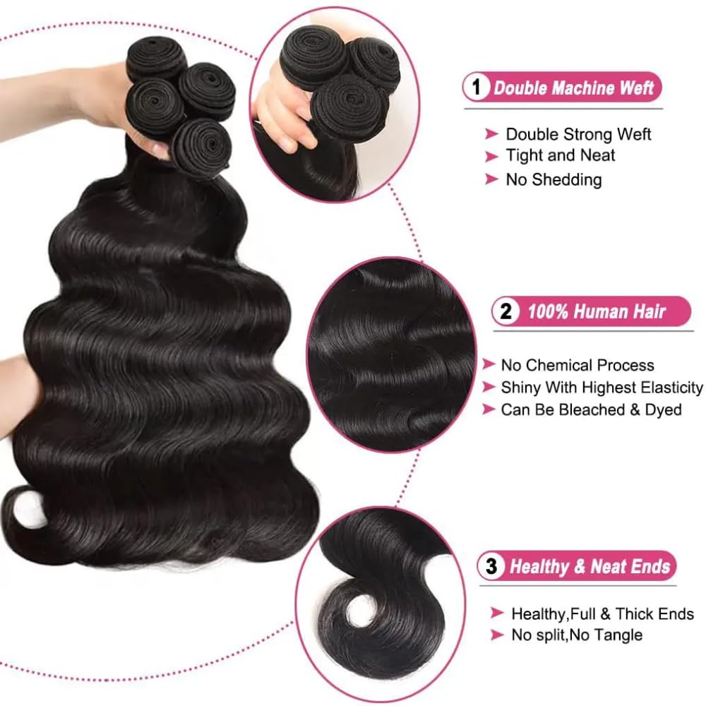 huarisi Weave Bundles Human Hair 10A Human Hair Bundles Body Wave 3 Bundles Human Hair 22 24 26 Inch 100% Unprocessed Virgin Human Hair Bundles Natural Black