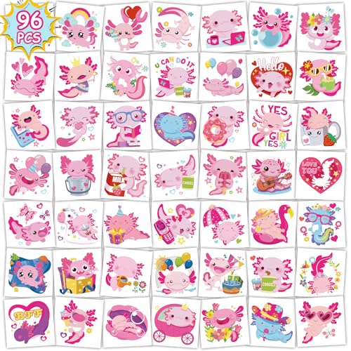 Konsait 96PCS Axolotl Tattoos for Kids, Pre-cut Axolotl Theme Temporary Tattoos, Axolotl Birthday Decorations Party Favors, Kids Axolotl Gifts & Reward, 48 Designs