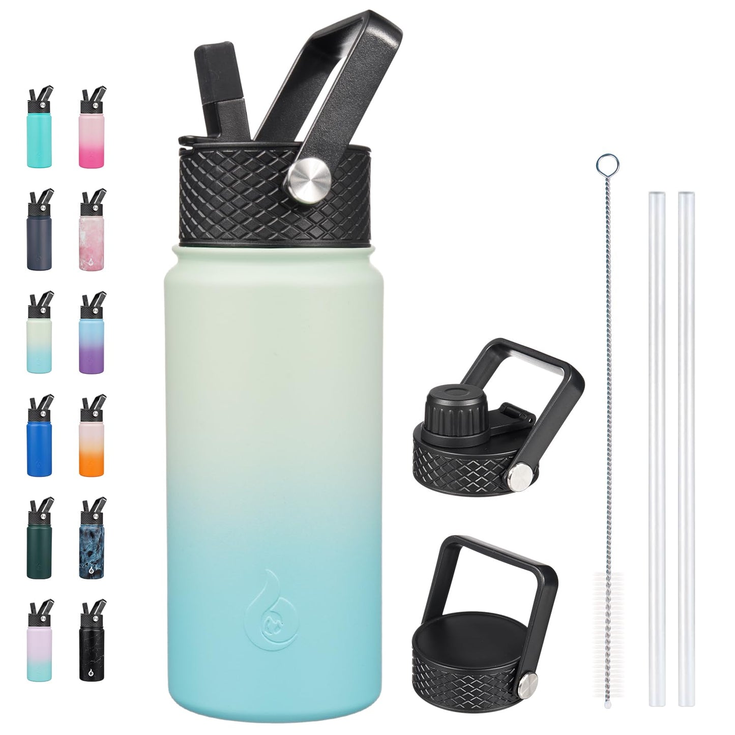 BJPKPK Insulated Water Bottles with Straw Lid, 18oz Stainless Steel Metal Water Bottle, Cold & Hot Water Bottle with 3 Lids, Leak Proof BPA Free Travel Cup, Wide Mouth Flasks, Thermos -Mint