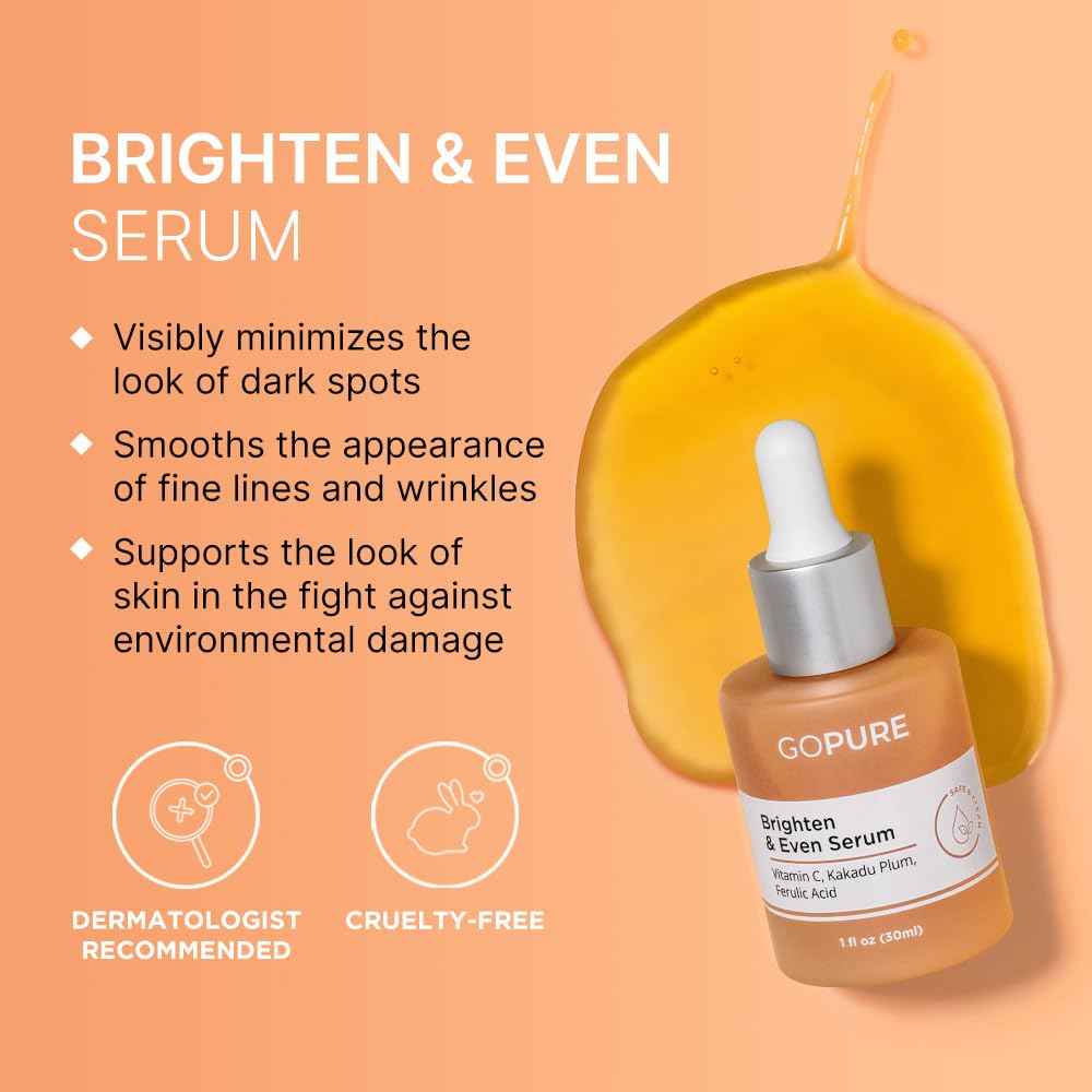 goPure Actives Vitamin C Serum - Brightening Serum with Vitamin C and Ferulic Acid, Face Moisturizing and Anti-Aging Benefits, Improves Skin Discoloration and Visibly Reduces Dark Spots - 1 fl oz