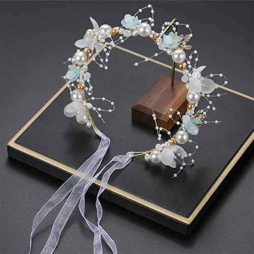 2 Pcs Flower Girl Headpiece - Hair Accessories for Wedding Flower Girl Headband Flower Crown Floral Girls Tiara Rhinestone Pearl Headband Baby Toddler First Communion Prom (Blue, 13 inches)