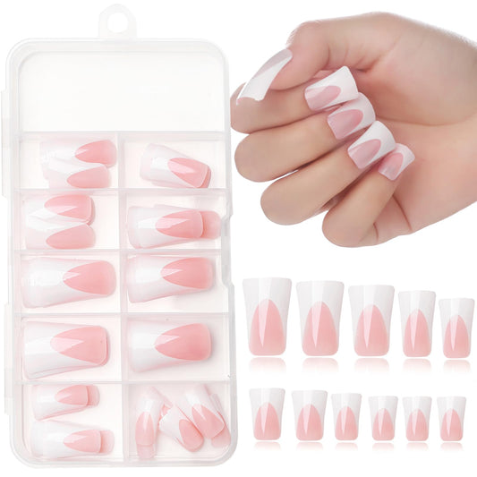 120Pcs Duck Nails Press on White French Tips, Pink Press on Nail Duck Feet Style, 12 Sizes Glossy Duck Nail Tip Full Cover, Acrylic Nail for Nail Extensions Professional Salon and Home DIY Nail Art