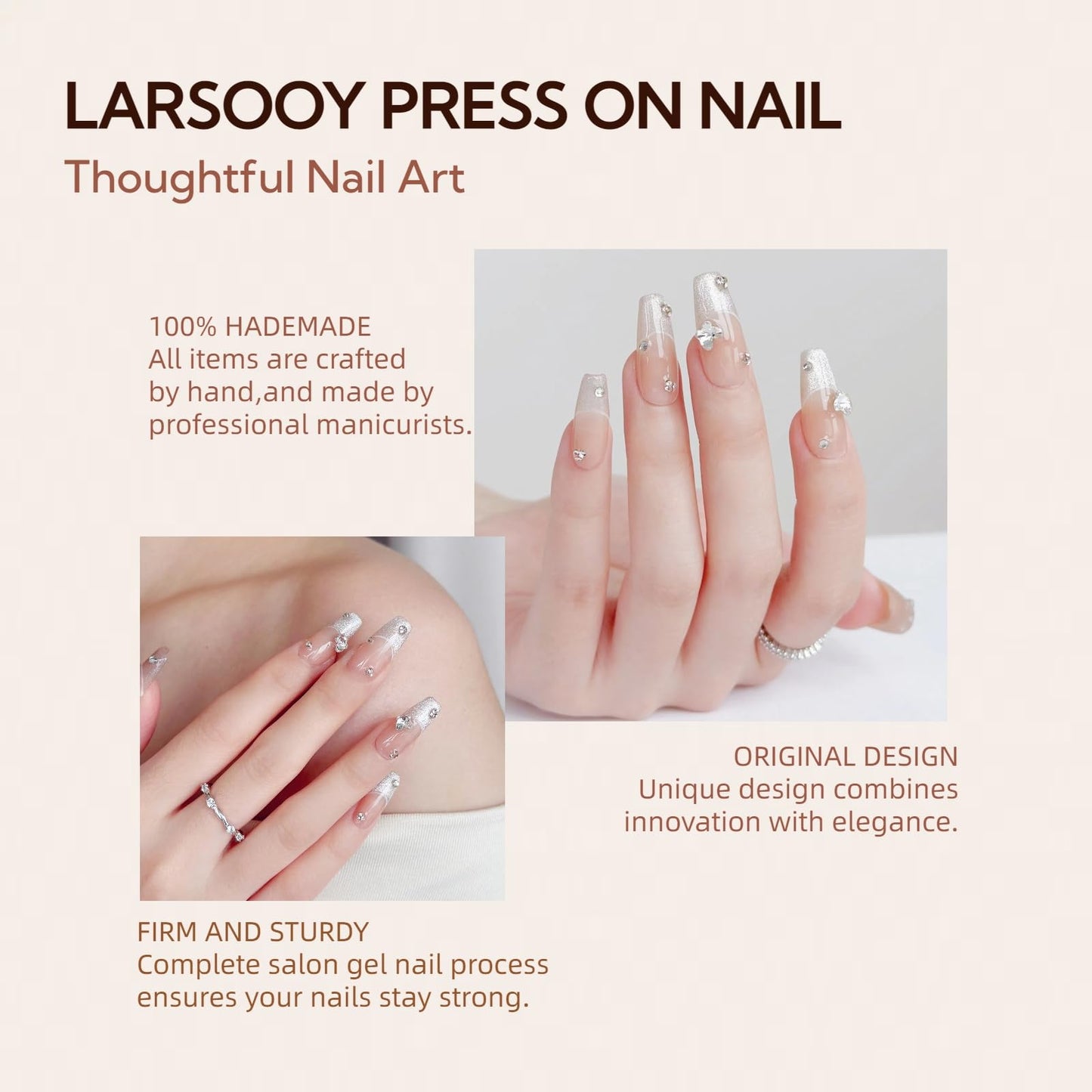 LARSOOY Nails Handmade Press on Nails Middle Long Coffin | Handmade Nails with Butterfly Rhinestone | Reusable Fake Nails with French Tip Design | False Nails 10 Pcs (Sparking on Venus, M)