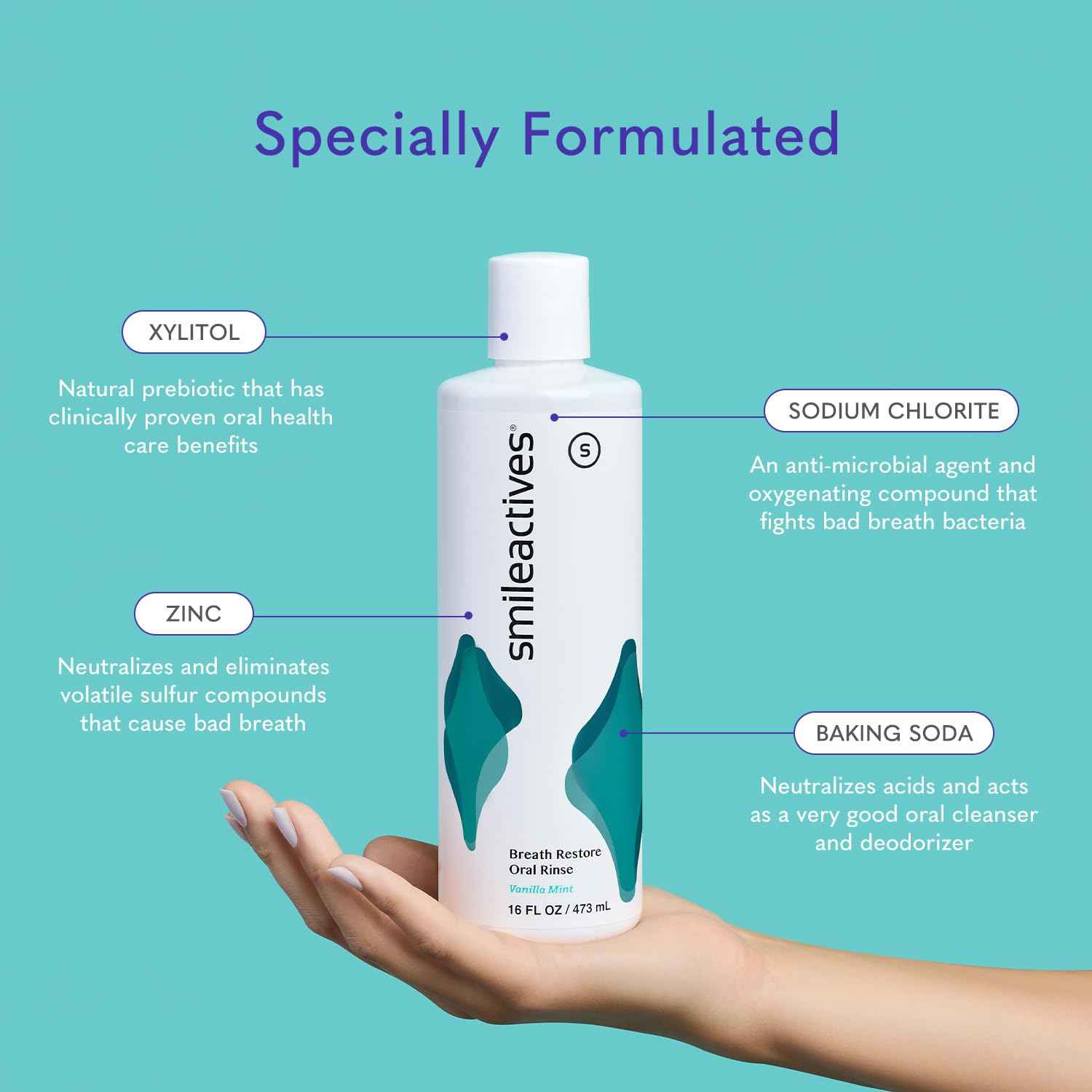 Smileactives Breath Restore Oral Rinse, Adults Mouthwash for Bad Breath and Gum Health, Promotes Oral Care, Healthy Mouth and Long Lasting Fresh Breath, Sugar and Alcohol-Free, Vanilla Mint, 16 fl oz