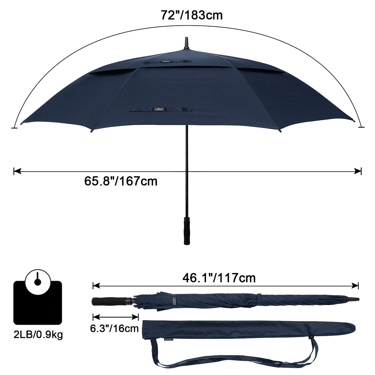 G4Free 72 Inch Automatic Open Golf Umbrella Extra Large Oversize Double Canopy Vented Windproof Waterproof Stick Umbrellas (Dark blue)