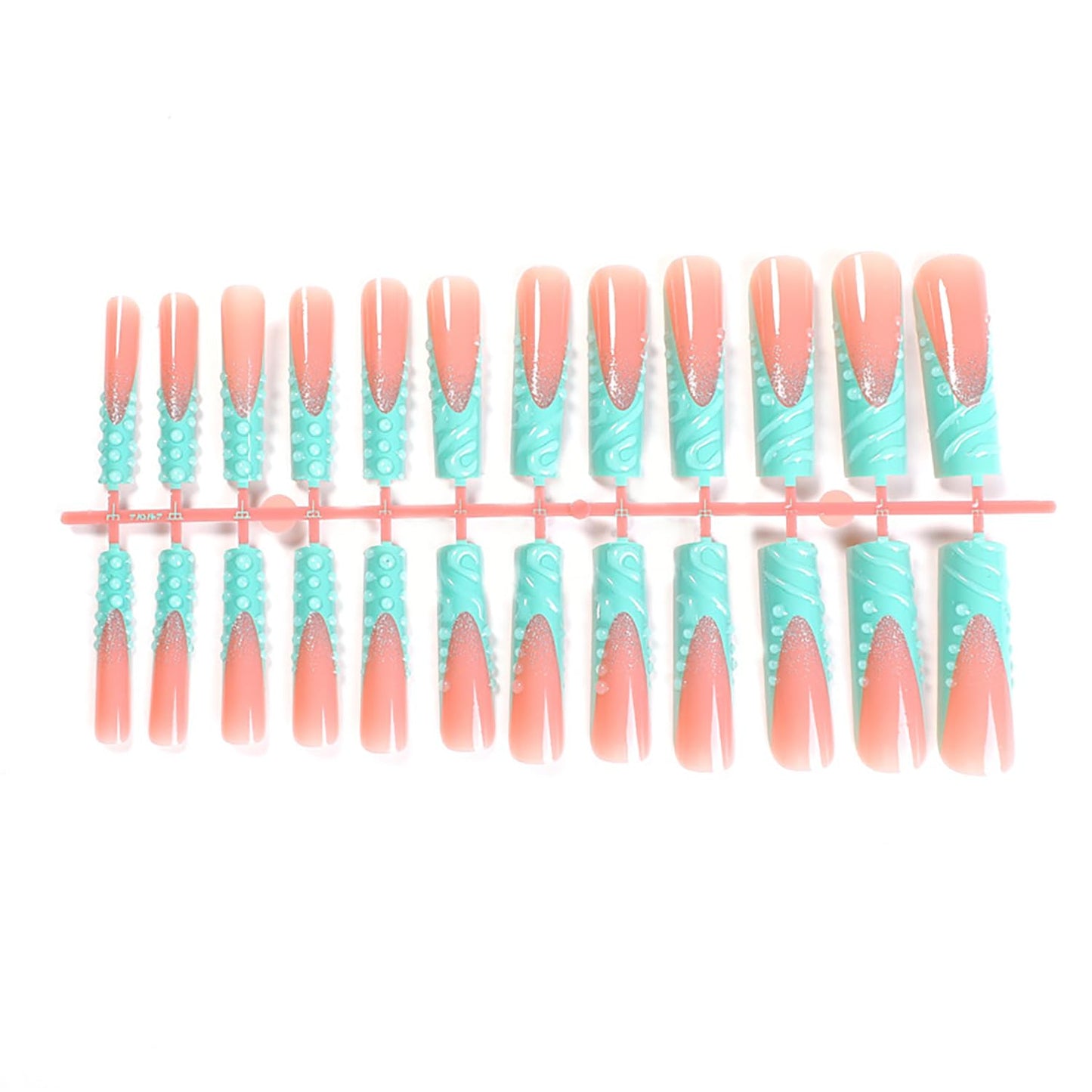 Long Coffin Press on Nails French Tip Green RIICFDD Fake Nails 3D Water Ripple Designs Nude Pink Artificial Glossy Acrylic Nails Full Cover Glue on Nails for Women and Girls Nail Decoration 24 Pcs