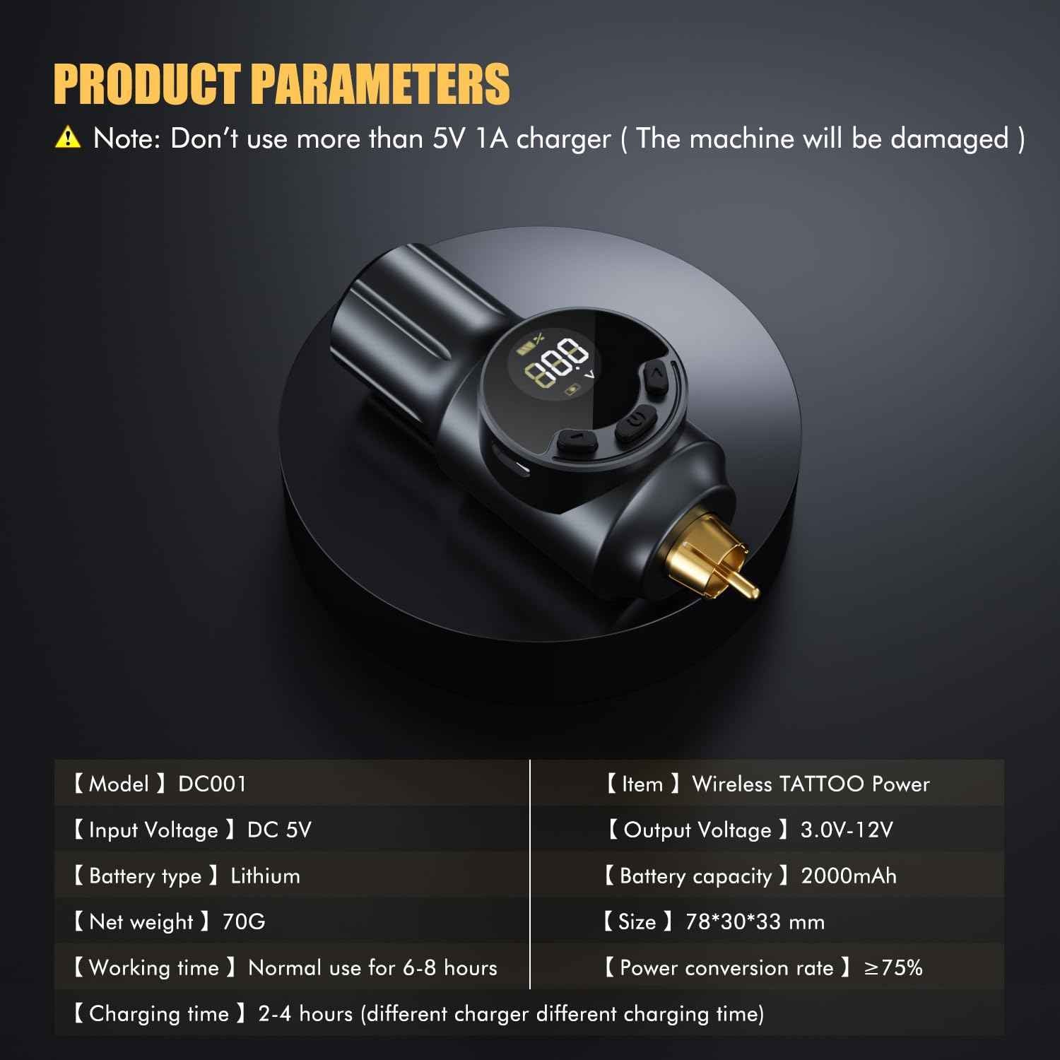 Wireless Tattoo Battery Pack Cordless Tattoo Power Supply 2000mAh Tattoo Machine Battery RCA Connector with LED Digital Display for Tattoo Pen Rotary Tattoo Gun